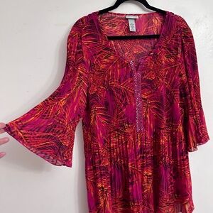 Sheer Vibrant Magenta & Orange Patterned Asymetric Tunic Blouse